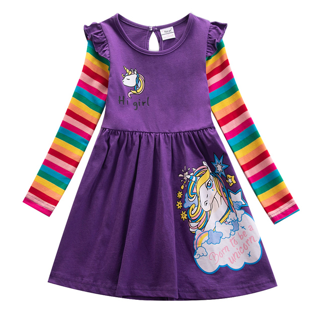 Girl Long Dresses New Autumn Spring Cartoon Girl Dress Casual Cotton Embroidered Girls Long Sleeve Unicorn Dress 81035