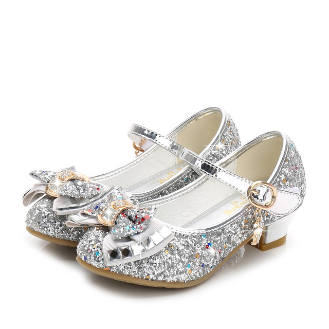 ULKNN-Children's leather shoes, casual high-heeled shoes with flowers and sequins, butterfly knot, blue, pink and silver, 2021