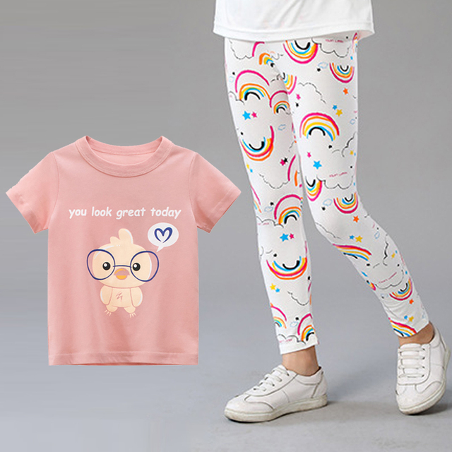 2pcs Kids Clothes Set Summer T-shirt Leggings Little Girl Print T-shirt and Pants Outfits Baby Girl Leggings