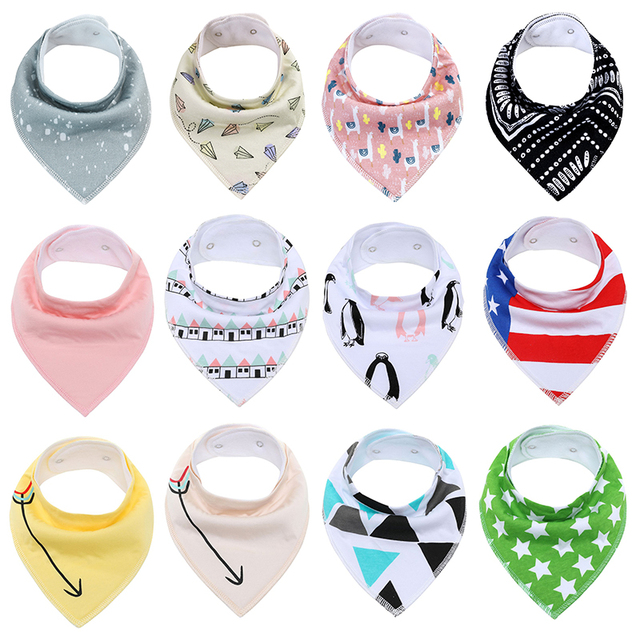 12packs/lot 100% Cotton Bandana Bibs for Drooling Teething Newborn Infant Adjstable Snaps Absorbent Baby Bibs