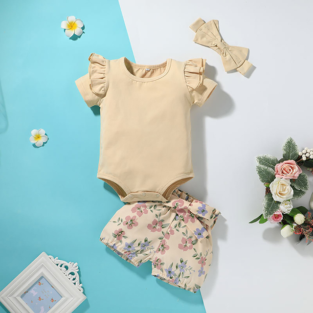 summer newborn baby girl clothes set solid color short sleeve ruffle romper tops flower short pants headband 3pcs infant outfits