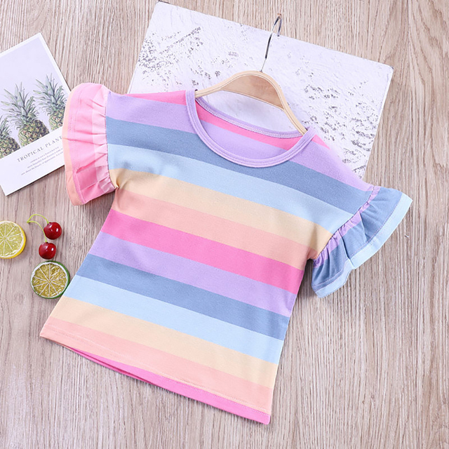 Girls Striped T-Shirt 2021 New Korean Baby Fashion Rainbow Shirts With Ruffle Sleeves Children All-match Tees 12M-8T JYF