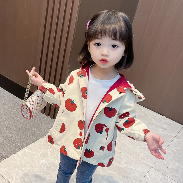 Spring Windbreaker Baby Girl Strawberry Dot Hooded Trench Coat Children Clothes Kids Jacket For Girls Outerwear JYF