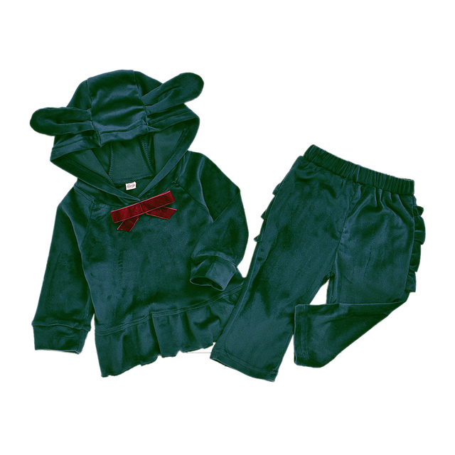 Cartoon Velvet Tracksuit Eear Ruffle Kids Children Clothing Set Autumn Winter Girls Baby Costume 2pcs Suit