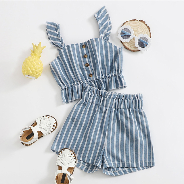 Baby Girl Clothes Set Summer Baby Cotton Striped Print Short Sleeve Suspenders T-shirt + Ruffle Short Pants 2pcs Kids Outfit