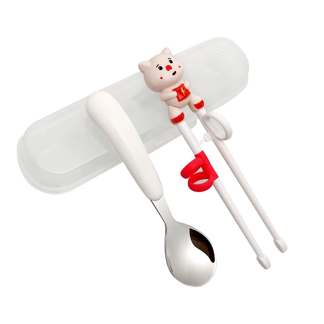 1 Pair Cartoon Learning Chop Sticks Reusable Training Baby Chopsticks or Feeding Spoon Tableware Learning Eating Set with Box