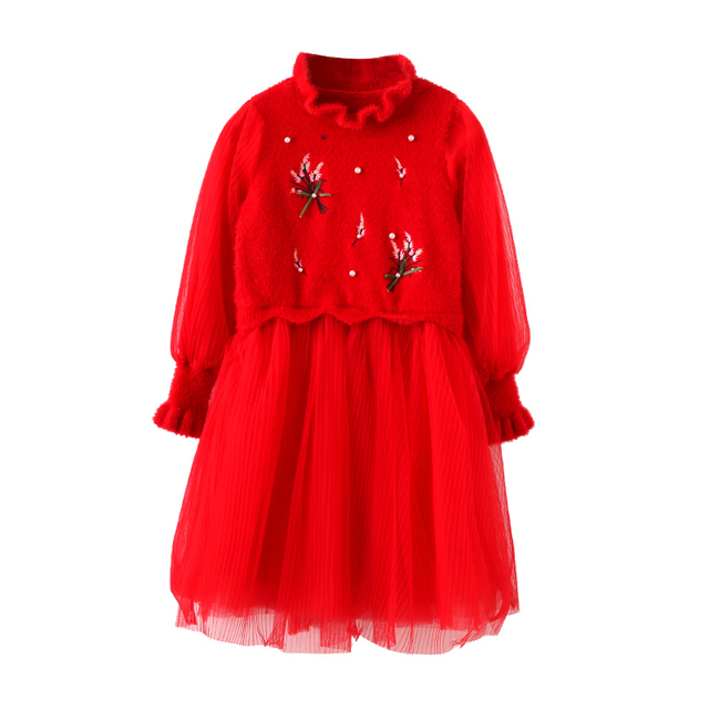 WKPK New Spring Autumn Girls Dress Leisure Fashion Children Clothes Pearl Long Sleeve Children Dresses Comfortable Soft Gauze Skirt