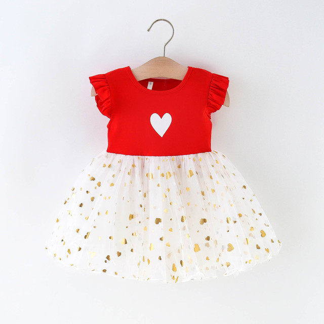 Summer Floral Ruffle Dress Toddler Baby Girls Floral Sleeve Heart Floral Print Dresses Sequins Tulle Princess Dress Party Dress