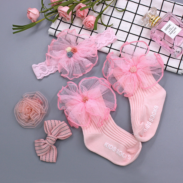 Baby Girl Lace Flower Headband Socks Set Cotton Baby Socks Newborn Socks Anti Slip Floor Socks Elastic Baby Hair Band