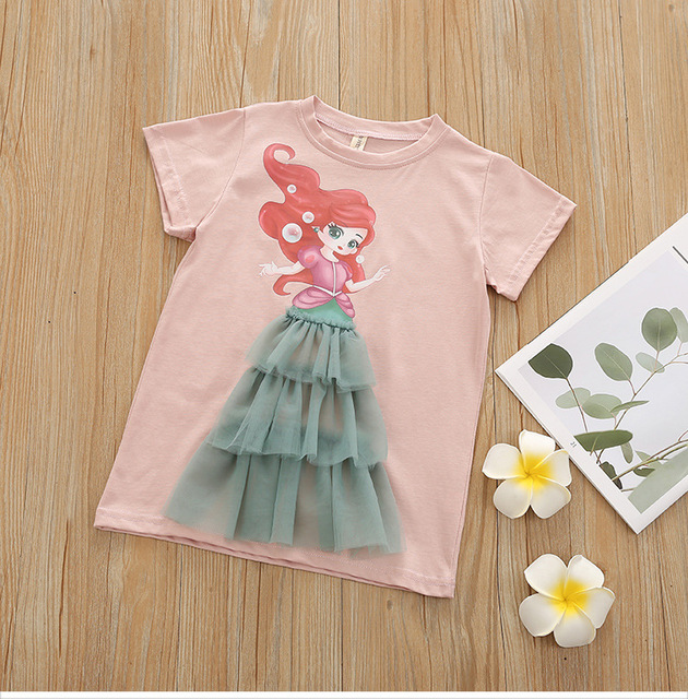 Fashion Summer Kids Clothes Cartoon Short Sleeve Princess Mesh Dress Baby Girls Birthday Costume Korean Pretty Vestidos