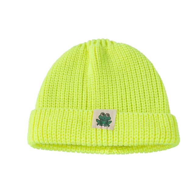 Autumn Winter Solid Color Baby Knitted Warm Hat Soft Casual Hemming Hat Kids Girls Boys Frog Label Beanies Clothes