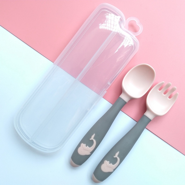 Silicone Baby Spoon Fork Kids Cutlery Set Cartoon Cute Utensil Baby Learning Training Spoon Infant Soft Fork