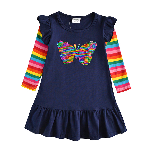 Vikita Girls Rainbow Striped Dress Kids Sequin Unicorn Dress Autumn Baby Dress With Pockets Cotton Dresses For 3-12 Years Girls