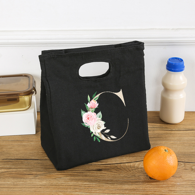 Rose Flower Letters A-Z Canvas Lunch Bag Harajuku Insulated Functional Thermal Pouch Cooler Bags for Women Funny Kid Picnic Box