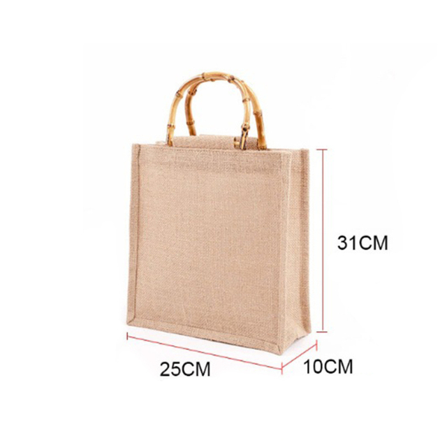 Portable Burlap Shopping Bag Jute Handbag Bamboo Ring Retro Carry Handles DIY Handbag Women Large Size Beach Bag for Girls