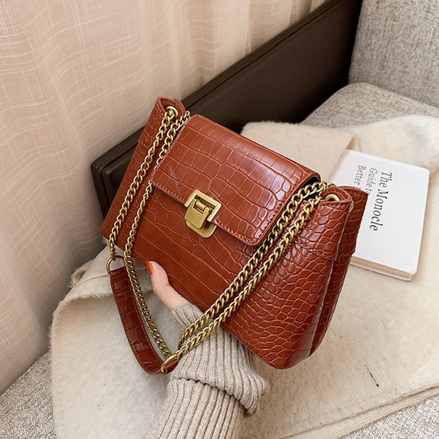 Solid Color Flap PU Leather Shoulder Crossbody Bags for Women Luxury Women's Designer Chain Handbag Crocodile Female Travel Bag