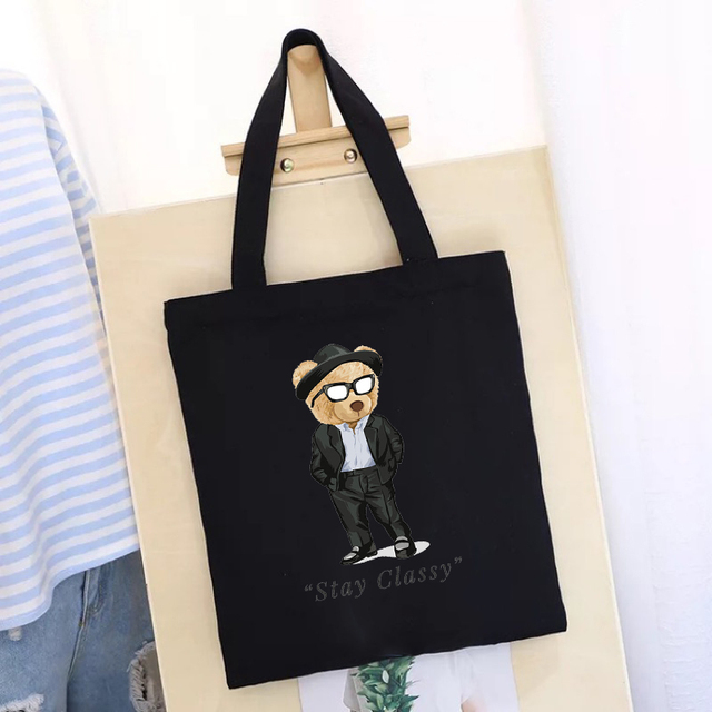 Women's Shopping Bag All-match Bear Chain Handbag Folding Reusable Canvas Shopper Harajuku Style Bag New Student Canvas Tote Bag