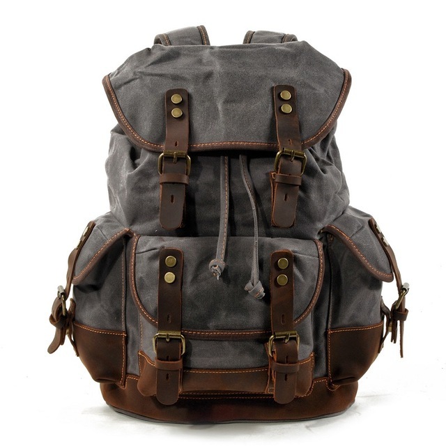 Men's Leather Backpack Large Capacity Tarpaulin Vintage Backpack For School Hiking Travel