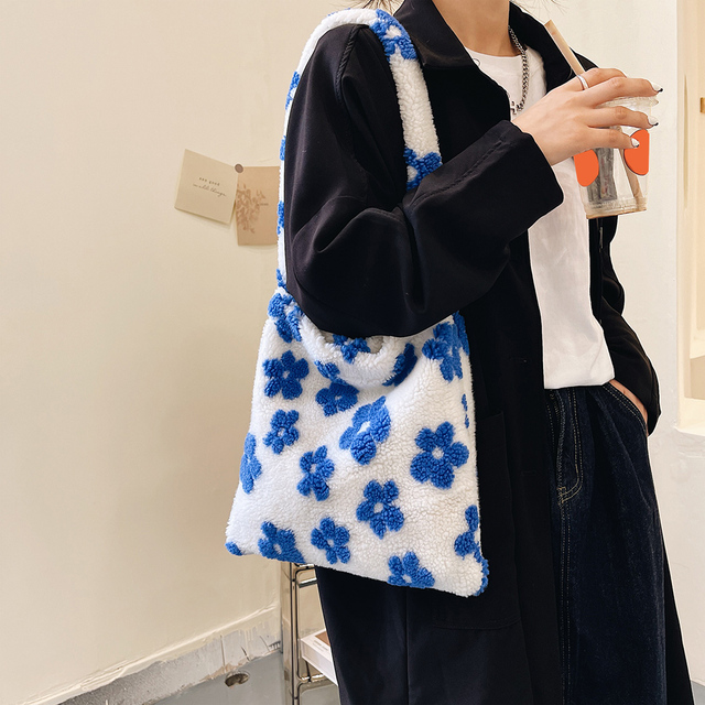 Trend plush women bag flower print elegant designer shoulder shopper bag female autumn and winter large capacity tote handbags