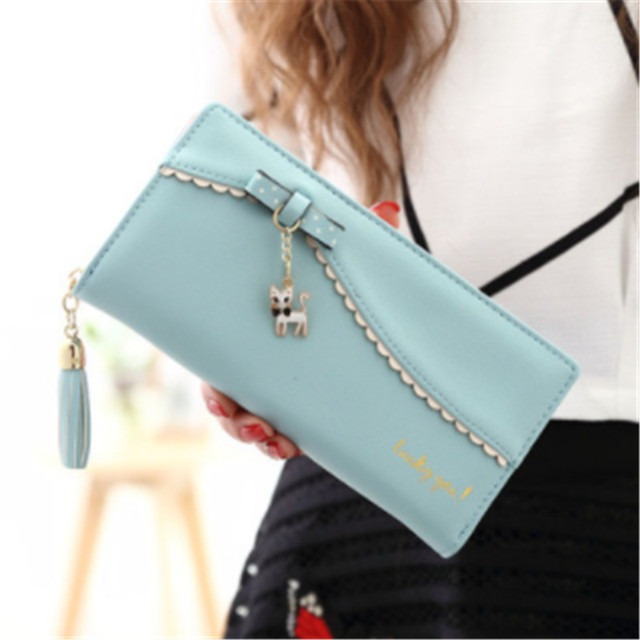 Women's Long Leather Wallet Card Holder Wallet With Cute Cat Pendant Cell Phone Pocket Wallet