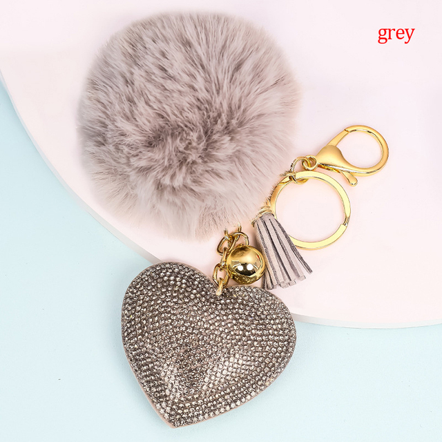 Rhinestone Pompom Heart Keychain Ladies Bag Hanging Room Car Pendant Decoration