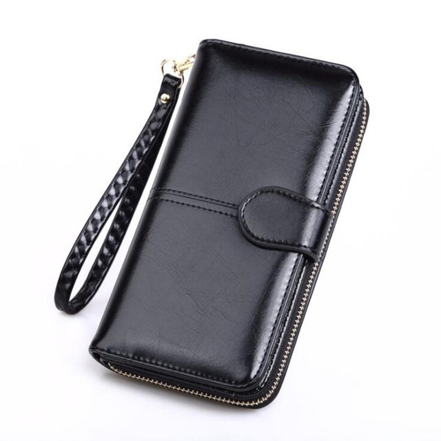 Leather Women Long Zipper Oil Wax Wallet Large Capacity Zipper Clip Wallet Ladies Long Wristlet Clutch Coin Card Holder Portomonee