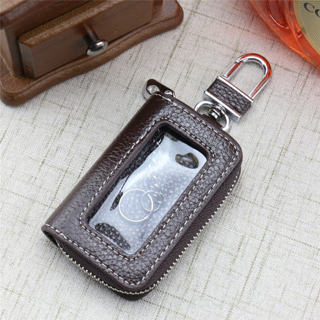 Leather Zipper Box Home Car Key Case Key Chain Women Home Organizer Transparent Window Key Bag Wallet