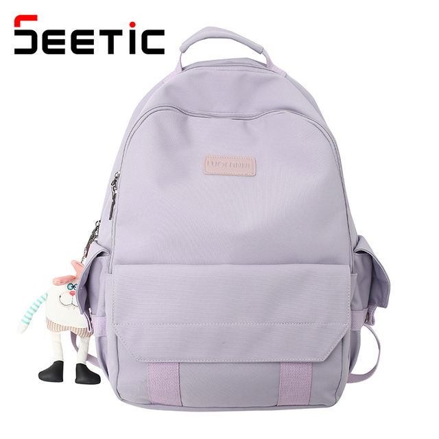 SEETIC Fashion Women School Bags Solid Color Famale Backpack Waterproof Nylon Student Backpack Women Casual School Bag