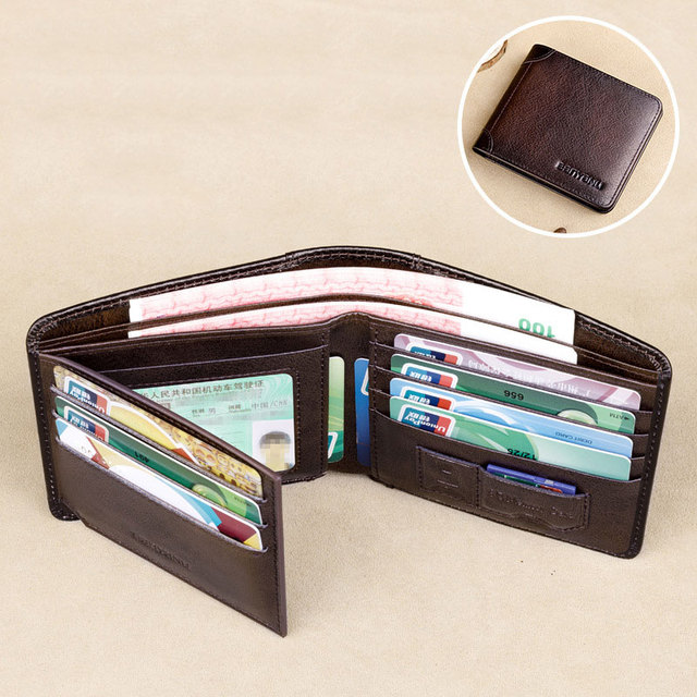 Men's Rfid Blocking Genuine Leather Bifold Wallet Vintage Slim Short Multifunctional Large Capacity Cowhide Wallet Money Clip