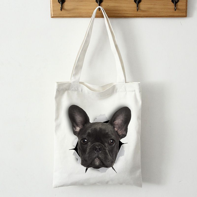 Reusable Canvas Shopping Bag Women Bag With French French Bulldog Print Students Teacher Book Travel Storage Shoulder Bags