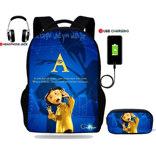 Teenager Backpack Coraline Print School Bag USB Charging For School