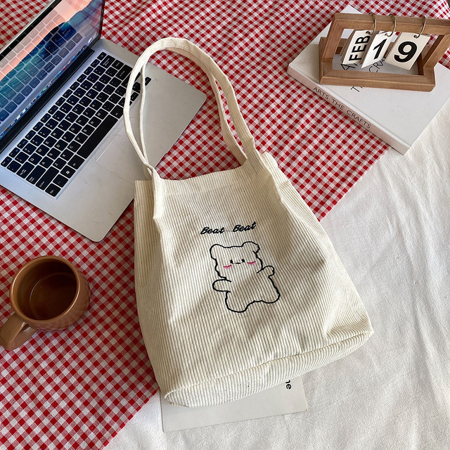 Women Corduroy Shoulder Bag Female Canvas Cloth Bucket Bag Girls Cartoon Bear Print Handbag 2021 Reusable Eco Grocery Travel Bag