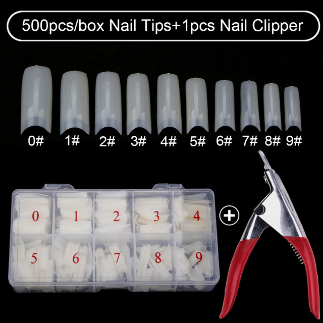 500pcs/box Clear Artificial False Nail Tips Capsule with Nails Cutter Coffin French Full Cover Fake Nails Manicure Tools