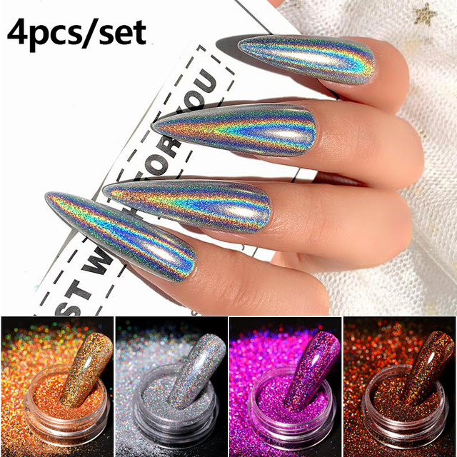 4pcs/set Nail Glitter Powder Silver Iridescent Efffect Sequins Nail Art Foils Nail Art Chrome Pigment Decoration