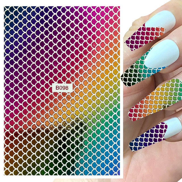 1 Sheet Nail Art Holographic Fish Scales Shaped Sticker Self Adhesive 12 Colors Nail Foil Decals Manicure Adhesive Laser Decals