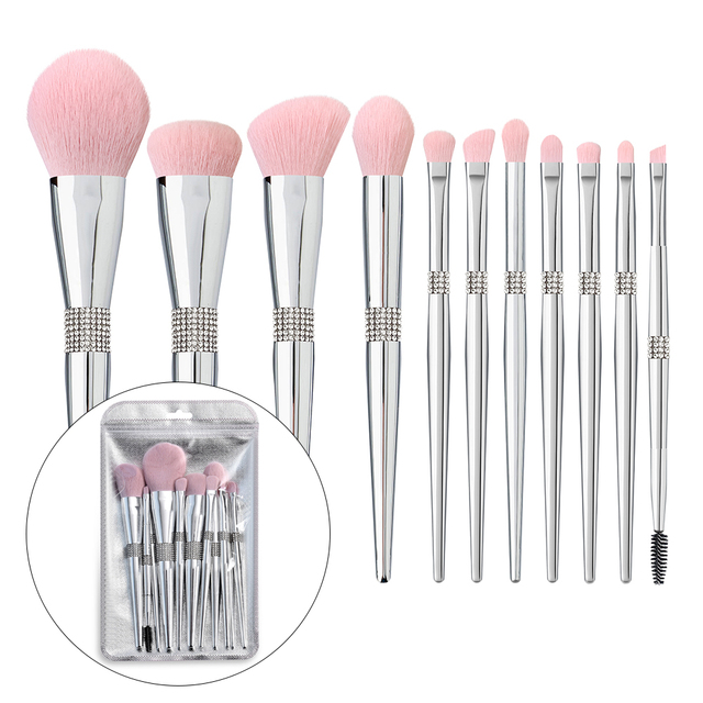 Loebig 10pcs Diamond Makeup Brushes Set Cosmetic Blending Tool Powder Foundation Blush Highlighting Eyeshadow Eyebrow Eyelash Brush