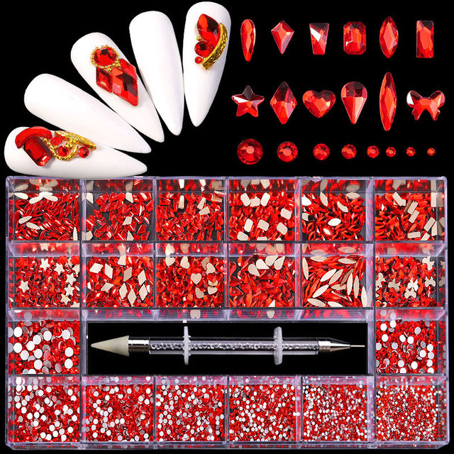 Luxury Box Shiny Diamond Nail Art Rhinestone Crystal Glass Set Decorations Set 1pcs Pick up Pen in Grids Box 21 Shapes of 2500pcs