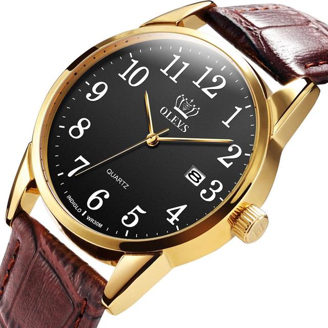 OLEVS Men's Quartz Watch Top Brand Fashion Casual Luxury Dress Genuine Brown Leather Strap Men's Watches Waterproof Wristwatch