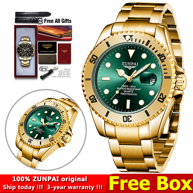 100% Original ZUNPAI Watch Men Sport Water Resistant Diving Wristwatches Stainless Steel Gold 2022New Luxury Fashion TOPBrand