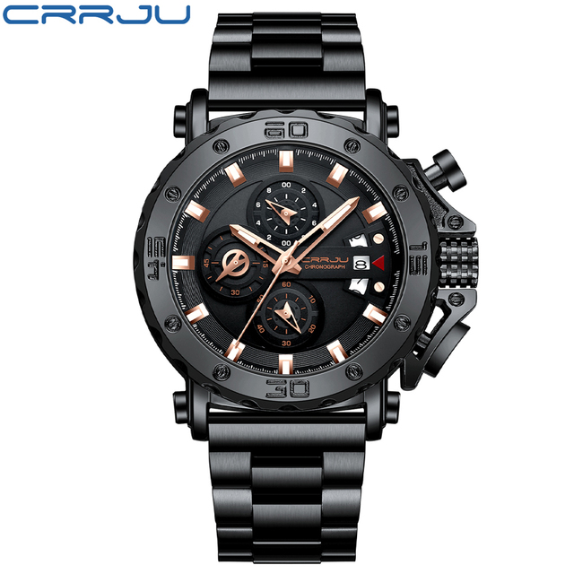 CRRJU Men Watch Luxury Brand Big Dial Stainless Steel Waterproof Chronograph Wrist Watches With Date Relogio Masculino