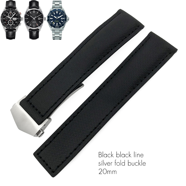 20mm 22mm Canvas Nylon Leather Watch Strap Fold Buckle Black Watch Band For Tag Heuer Carrera AQUARACER Watch Bracelets For Men