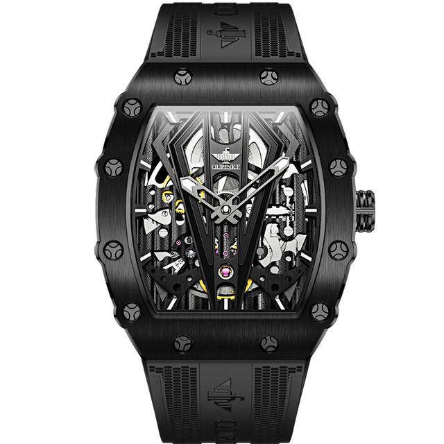 OUPINKE Luxury Watches Men Automatic Mechanical Silicone Sapphire Mirror Tonneau Skeleton Watch Waterproof Top Brand Sport