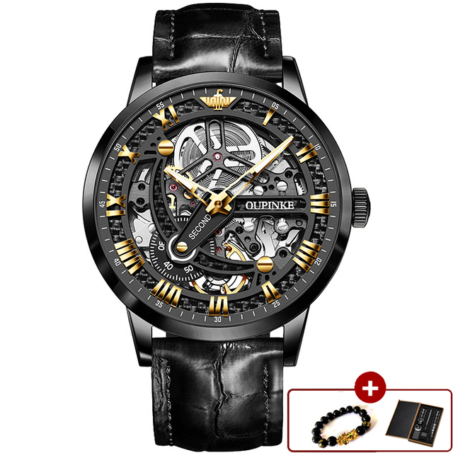 Top Brand OUPINKE Luxury Automatic Mechanical Watch for Men Sapphire Mirror Skeleton Hollow Leather Waterproof Wristwatch Clock