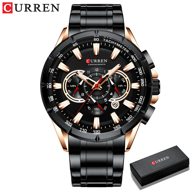 CURREN New Casual Sports Watch Men's Chronograph Stainless Steel Band Watch Large Wristwatch Quartz Watch With Luminous Pointers