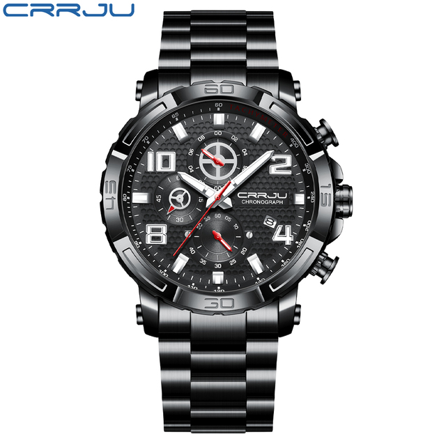 CRRJU Men's Watches Large Dial Waterproof Stainless Steel With Luminous Hands Date Sports Chronograph Watches Relogio Masculino