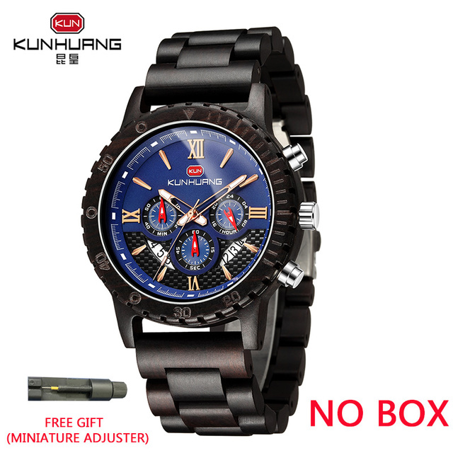 Kunhuang Luxury Brand Men's Watch Wooden Multifunctional Raw Quartz Watch High Strength Ebony Glass Case relógio masculino