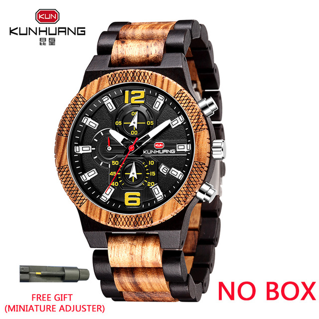 Kunhuang Wooden Watch Fashion Personality Creative Design Senior Ebony Men Watches Quartz Watch Movement Wooden Box Montre Homme