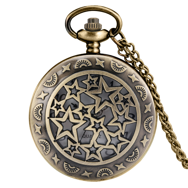 New Souvenirs Classic Bronze Hollow Five Pointed Star Men Chain Pocket Watch Leisure Quartz Watches For Husband