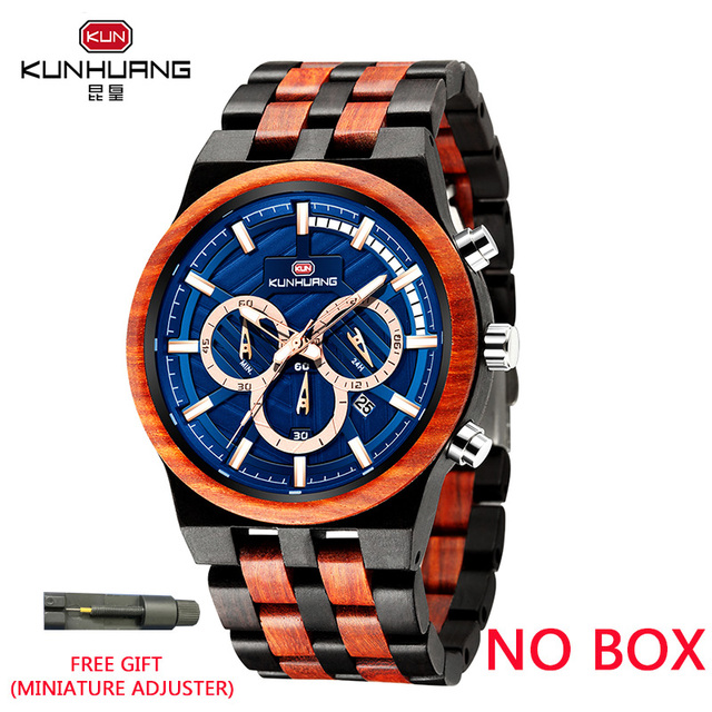 Kunhuang New Wooden Watch Men Luxury Chronograph Ebony Quartz Watch Blue Dial Metal Glass Mirror Wooden Box