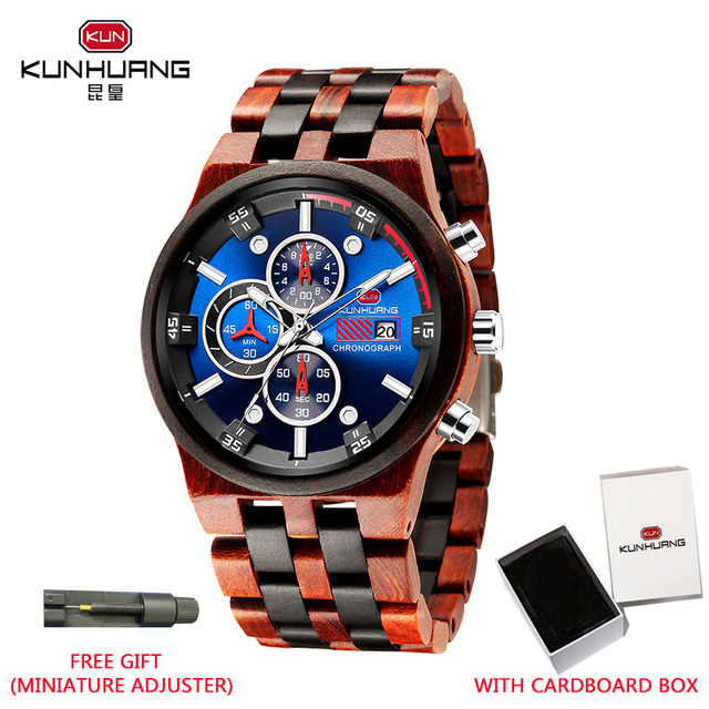 Reloj hombre KUNHUANG New Wooden Watch Men Luxury Brand Chronograph Military Quartz Watches for Man Dropshipping Customized